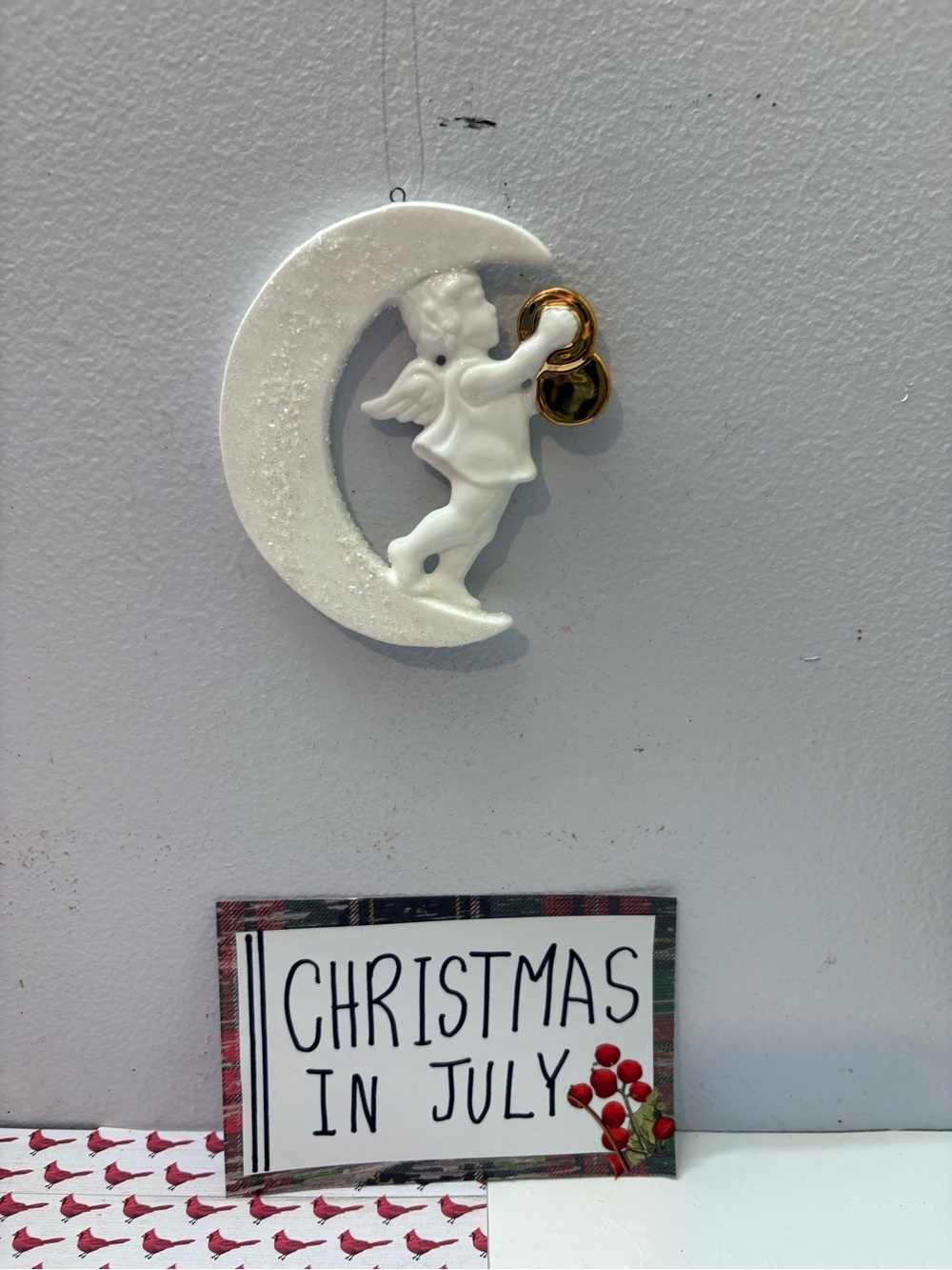 White Ceramic Angel on Crescent Moon Ornament - - Bone China